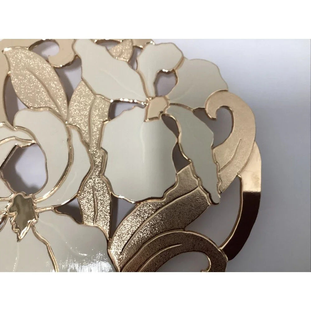 vtg art deco Wm A Roger’s iris trivet wall hanging Oneida gold white Japan